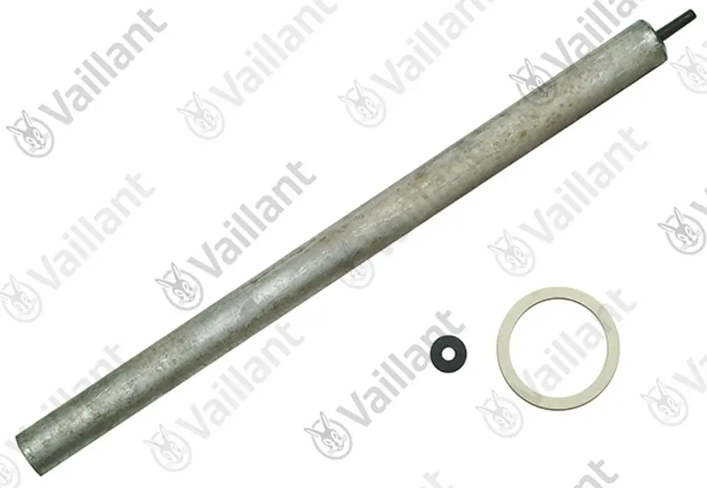 Vaillant Anode aus Metall, zylindrische Form mit einer festen Verbindung an einem Ende, begleitet von zwei runden Dichtungen.